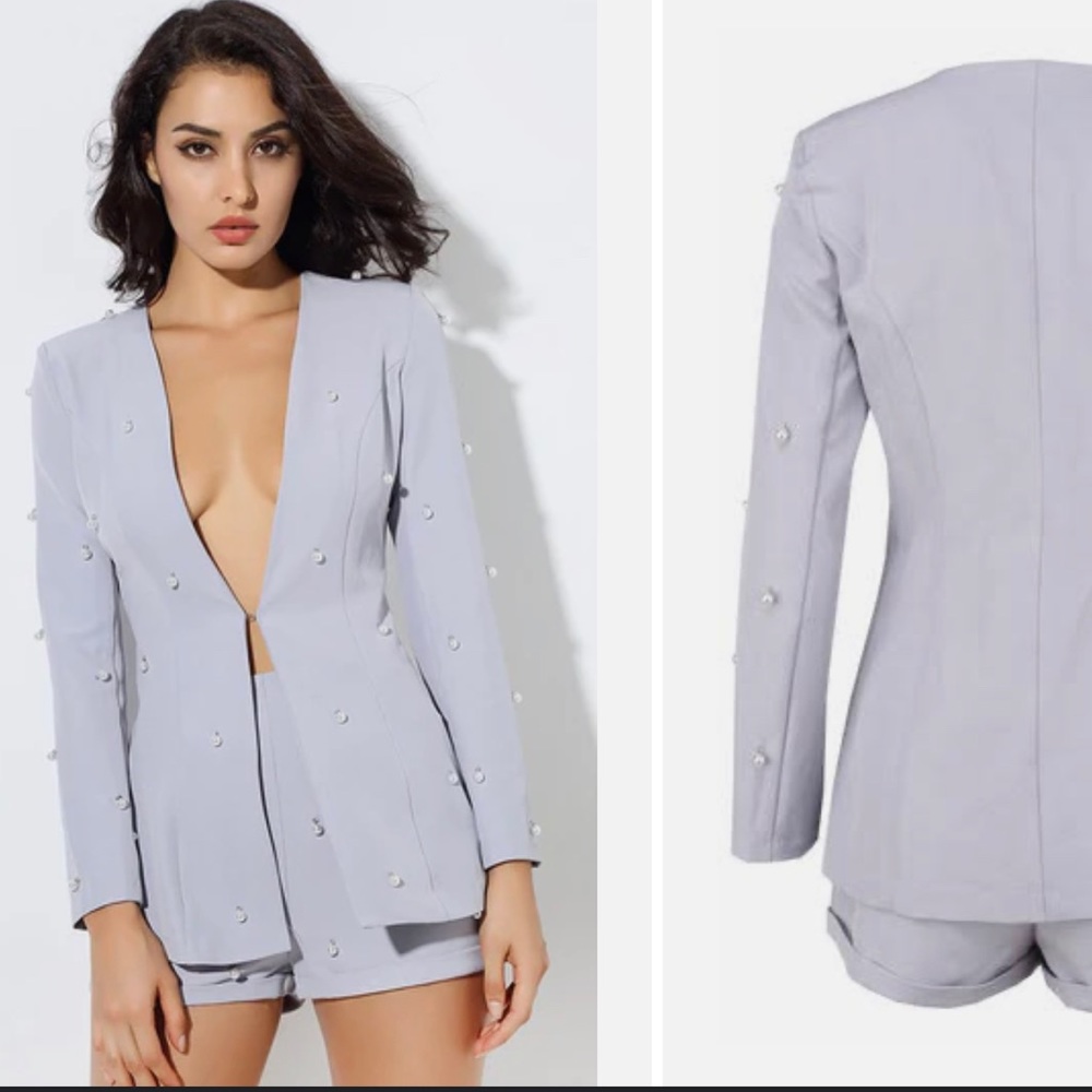 *NEW WITH TAGS* Indie XO grey shorts + blazer set with pearls - size M